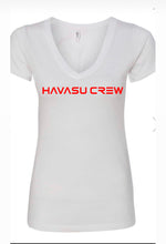 Load image into Gallery viewer, Red HAVASU CREW text on women&#39;s tees and tanks
