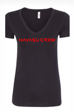 Load image into Gallery viewer, Red HAVASU CREW text on women&#39;s tees and tanks
