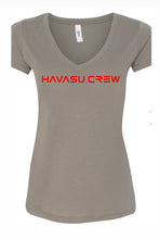 Load image into Gallery viewer, Red HAVASU CREW text on women&#39;s tees and tanks
